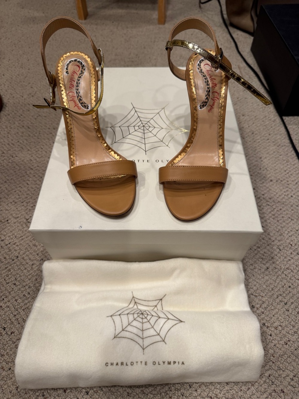 Charlotte Olympia Tan Leather Ankle-Strap Heels with Gold Accents